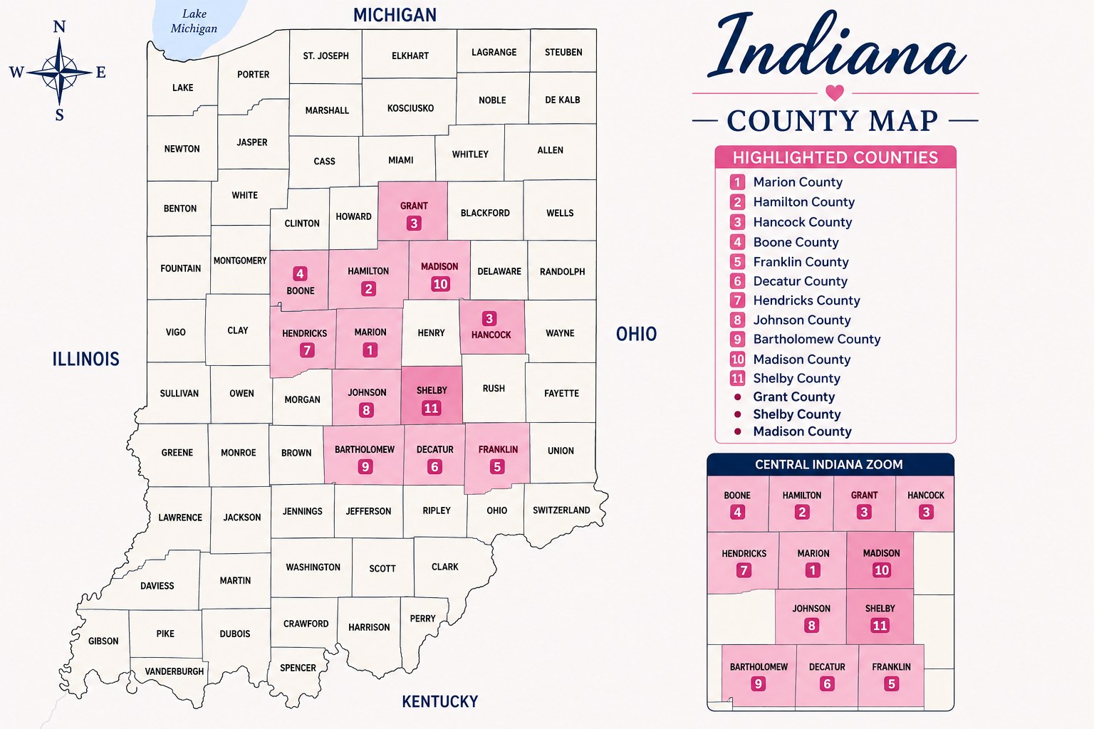 Indiana county map highlighting Marion, Hamilton, Hancock, Boone, Franklin, Decatur, Hendricks, Johnson, Bartholomew, and surrounding counties